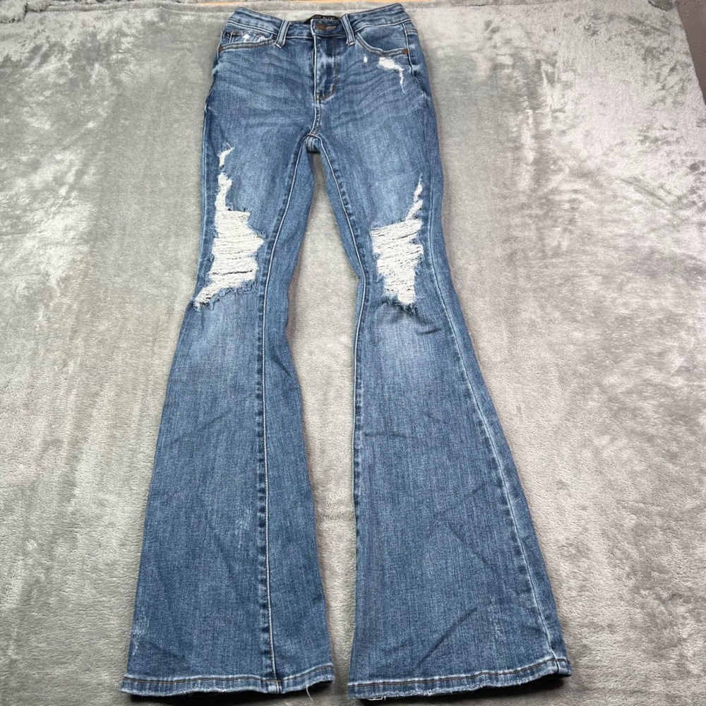 Judy‎ Blue Flare Jeans Womens 0/24 Blue Medium Wash Distressed Stretch Rip Knee
